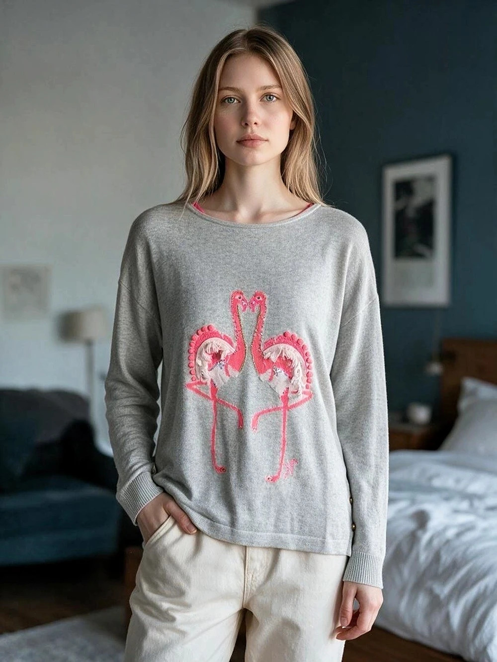 Lilly Pulitzer Flamingo Embroidered Sweater in Gray Size Small